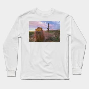 Saguaro And Giant Barrel Cactus With Panther And Safford Peaks In Distance Saguaro National Park Long Sleeve T-Shirt